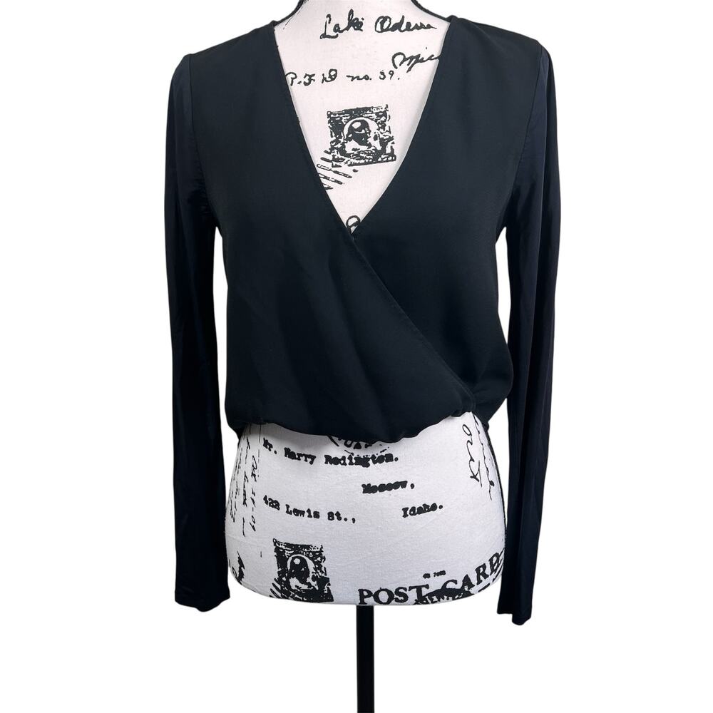 Bebe Wrap Blouse Black Top Long Sleeve Chiffon Sheer  V Neck bodysnap size XS